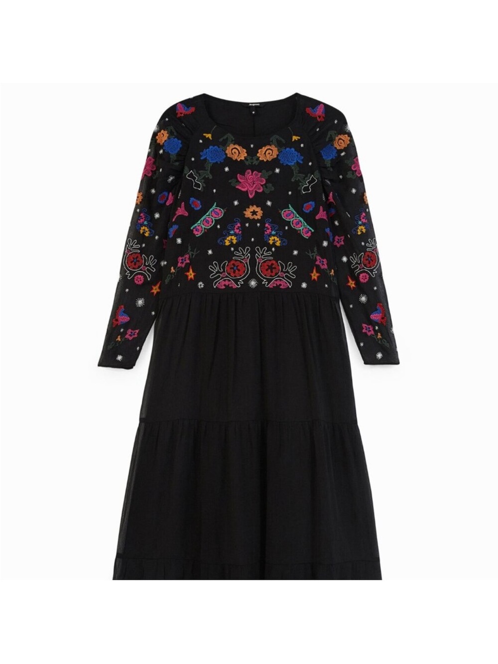 Desigual Black Long-Sleeve Embroidered Tiered Maxi Dress